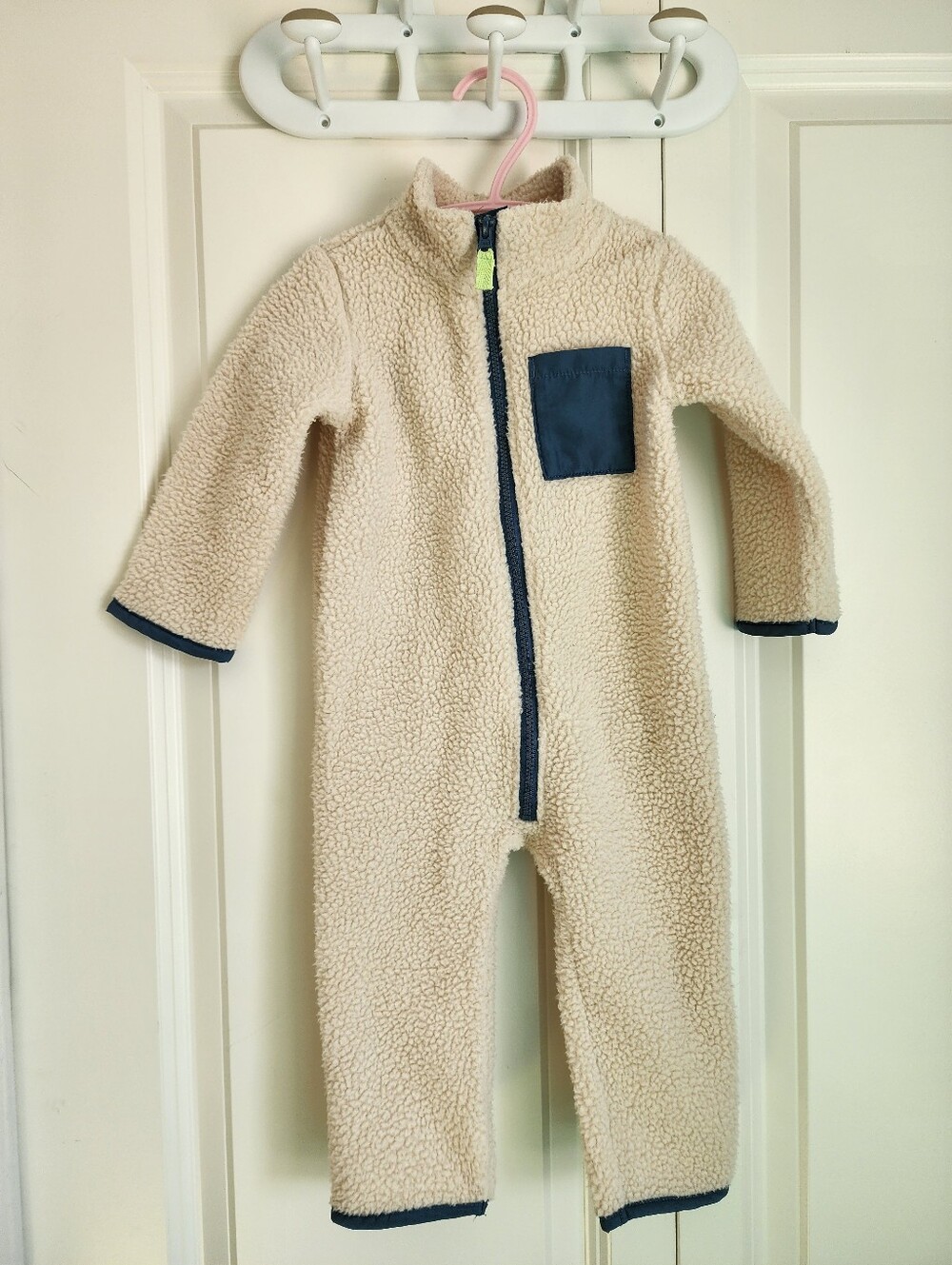 Carter's Fleece Bunting Suit, Cream w/ Blue Trim
